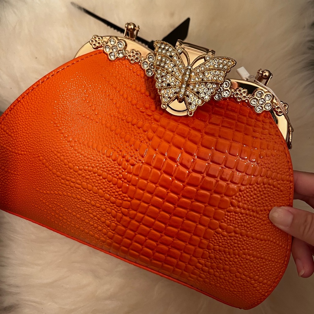 Croc pattern butterfly rhinestone evening bag elegant orange gold hardware